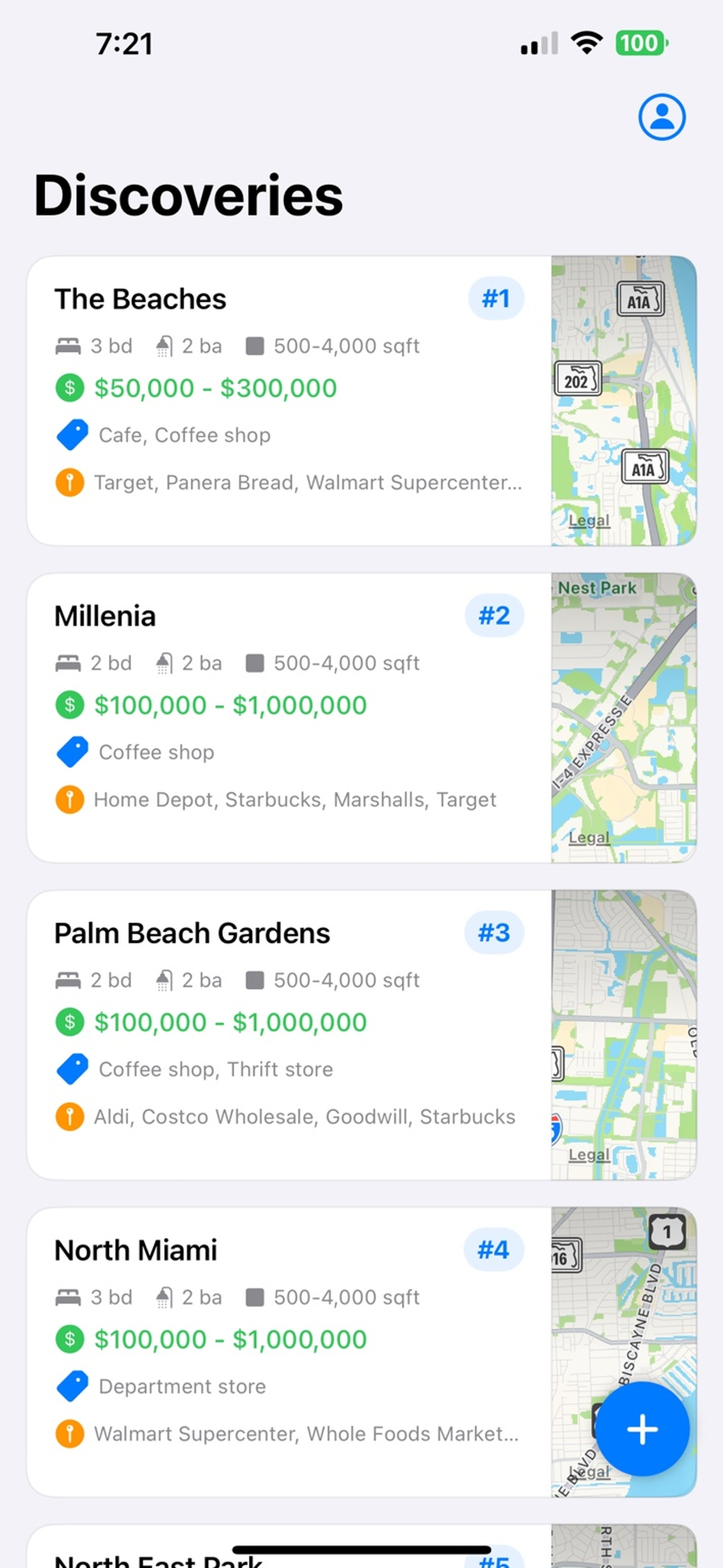 realest8.club app screenshot showing Discoveries interface
